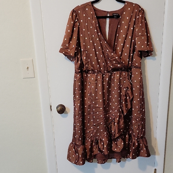 Torrid Brown Polka Dot Mini Faux Wrap Dress - Picture 2 of 16